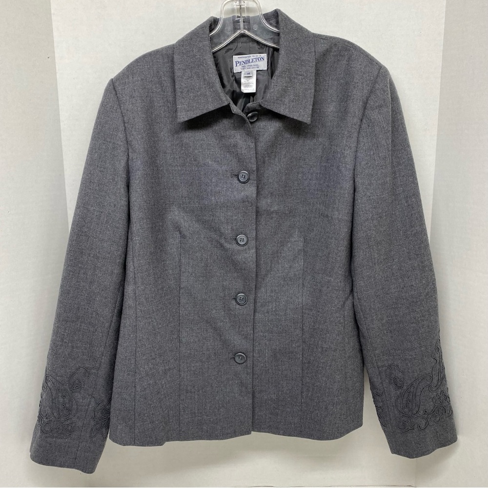 Pendleton 100% Virgin Wool Size 14 Blazer Gray Jacket Embroidered Sleeves Coat